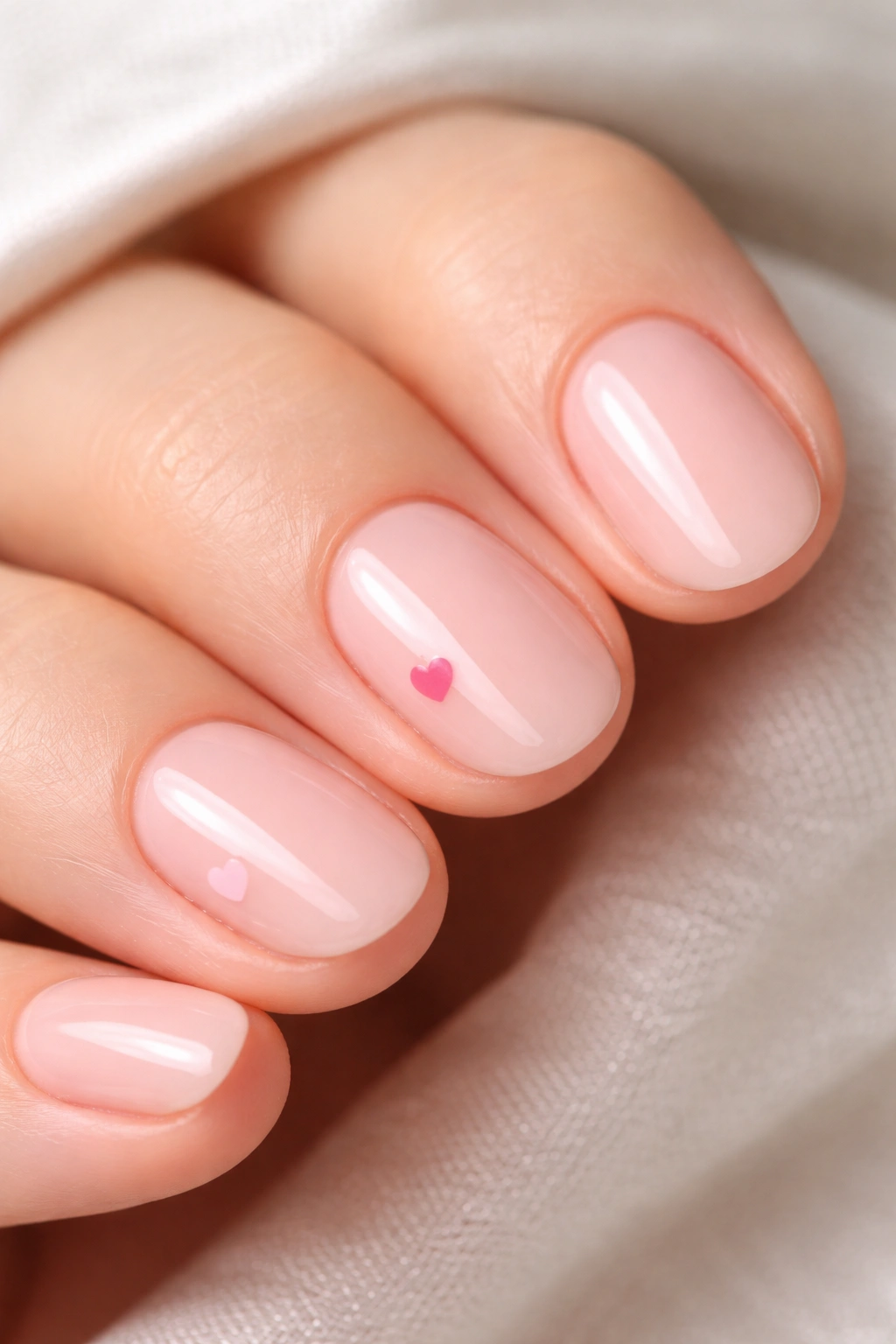 Close-up of short oval pink nails with tiny heart accents on a neutral background