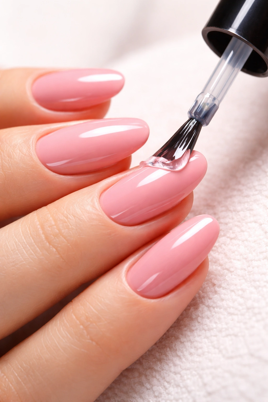 Close-up of pink nails receiving a glossy finish during finishing touches
