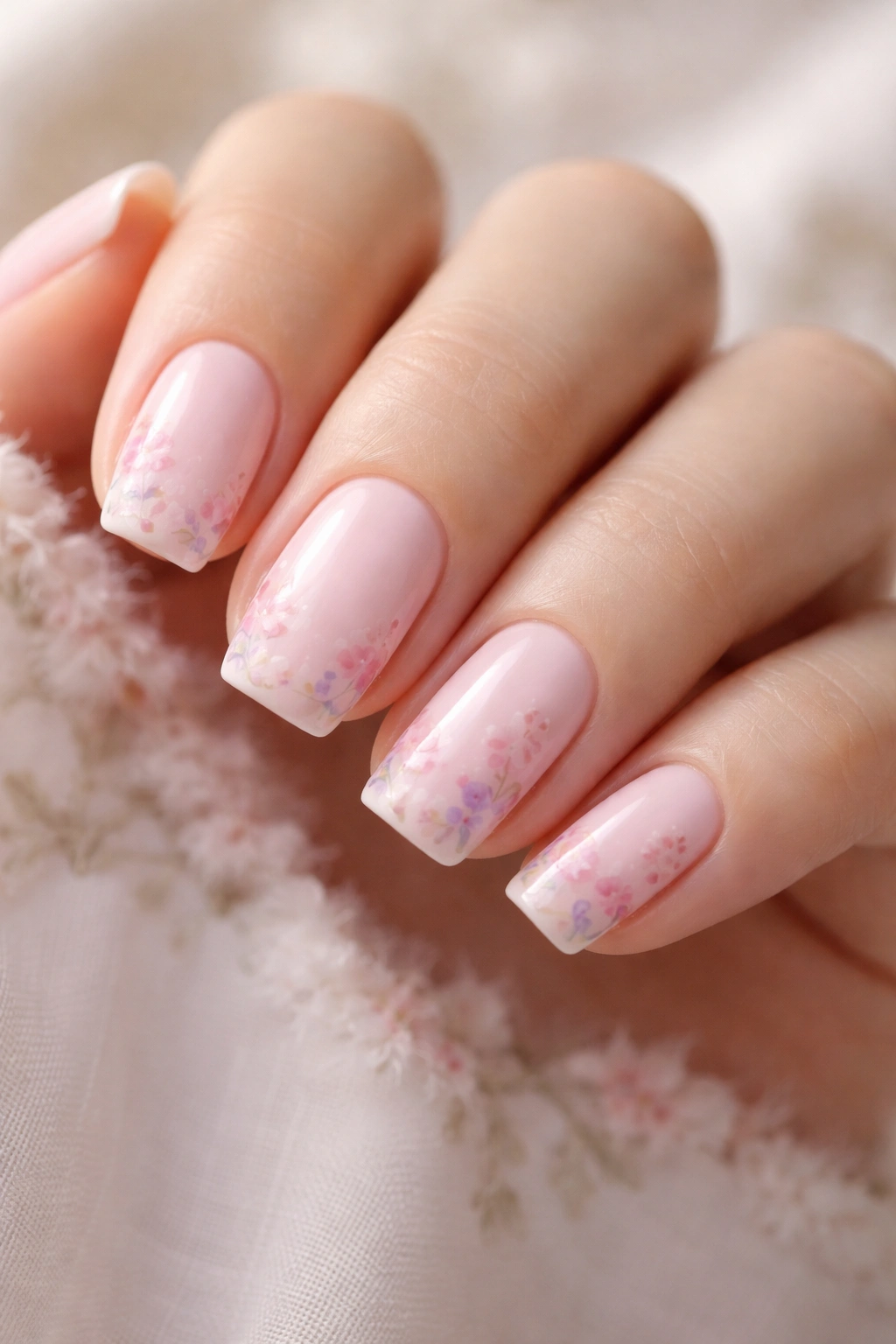 Close-up of pale pink nails with watercolor floral accents on tips and sides.