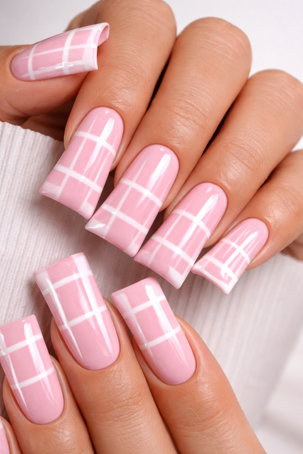 Close-up of pink duck nails with white geometric grid