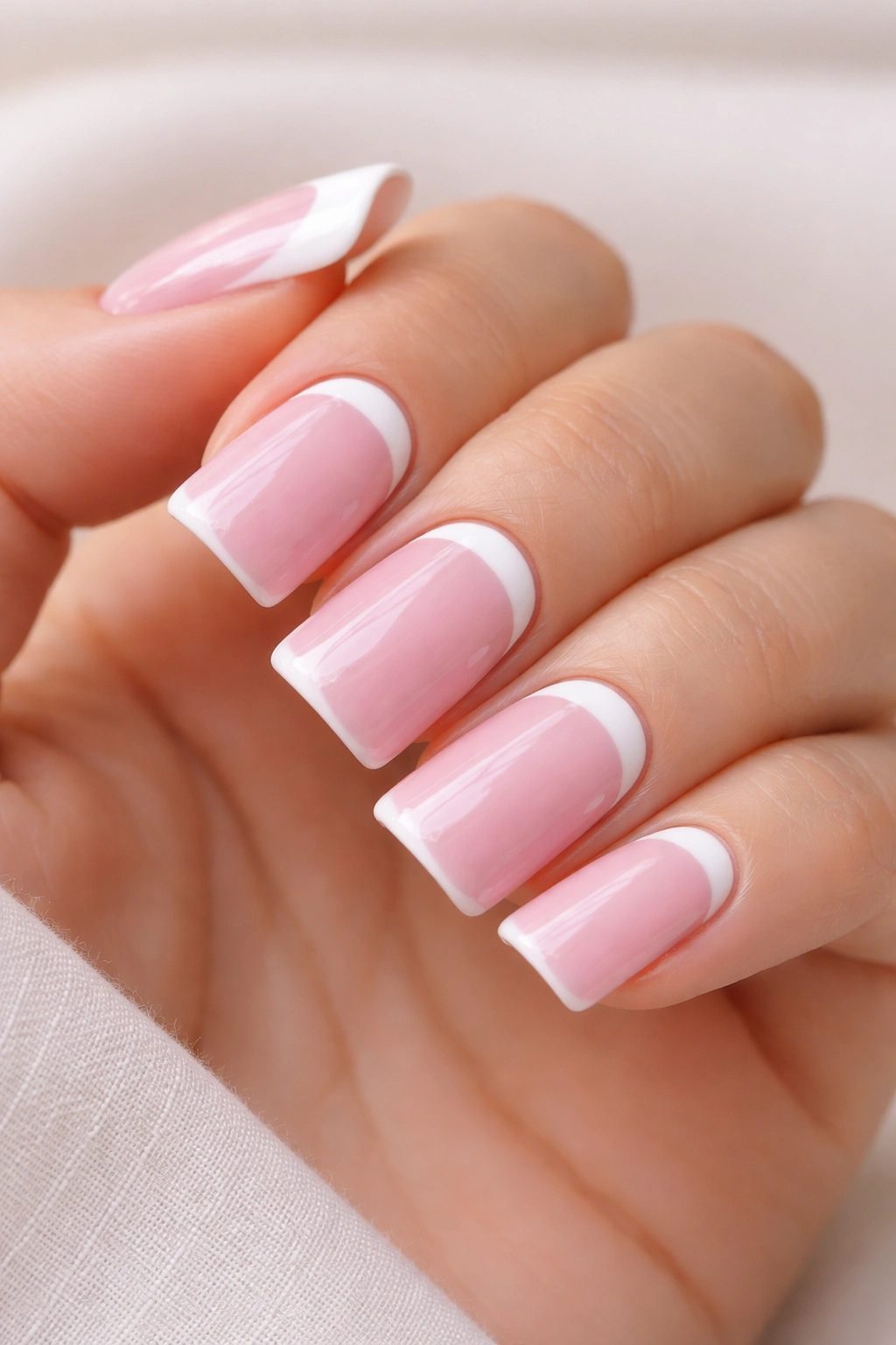 Pink duck nails with white reverse French on short nails