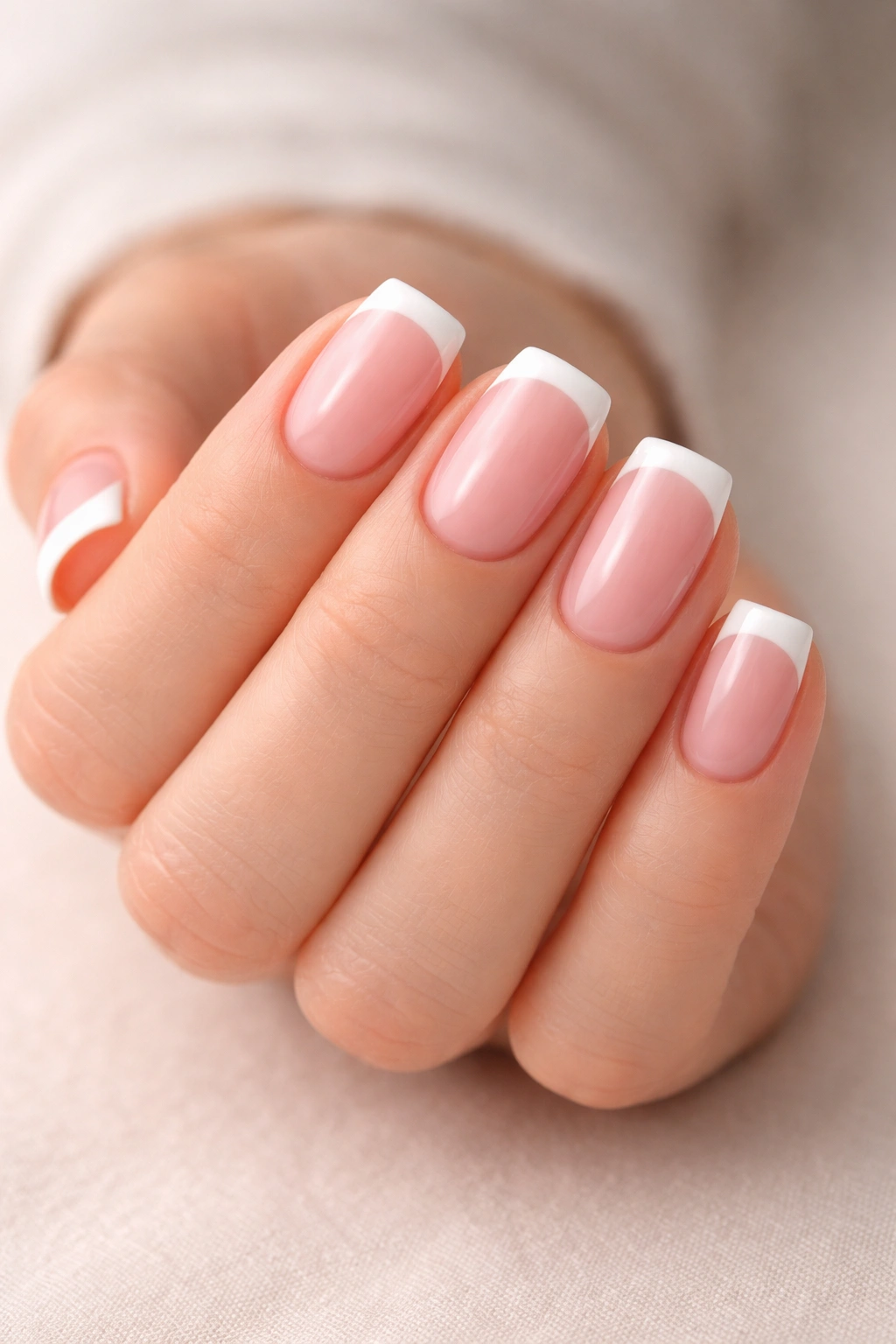 Close-up of short squoval nails with pink base and white French tips