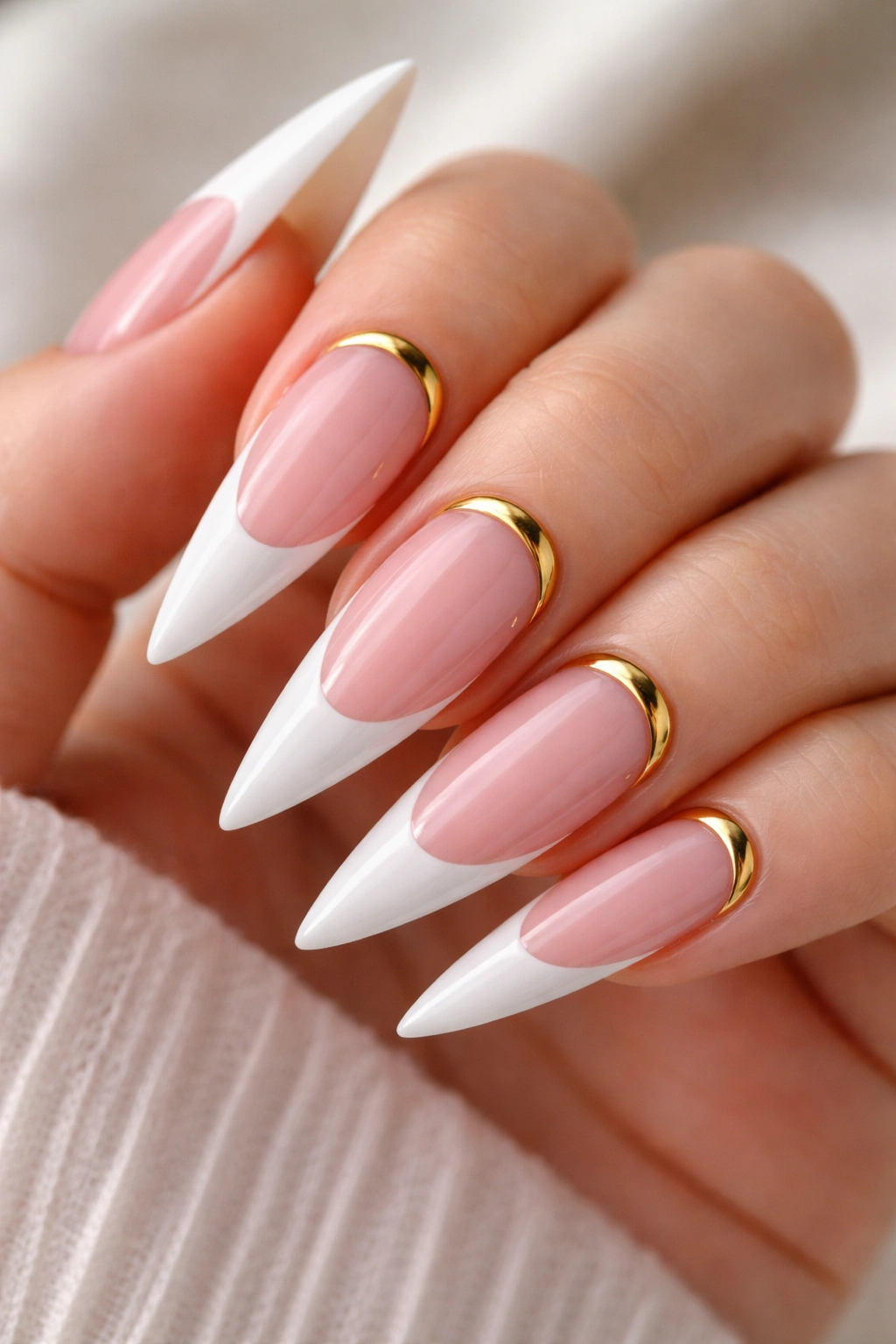 Close-up of pink base with white tips and gold half-moon at nail base on stiletto nails