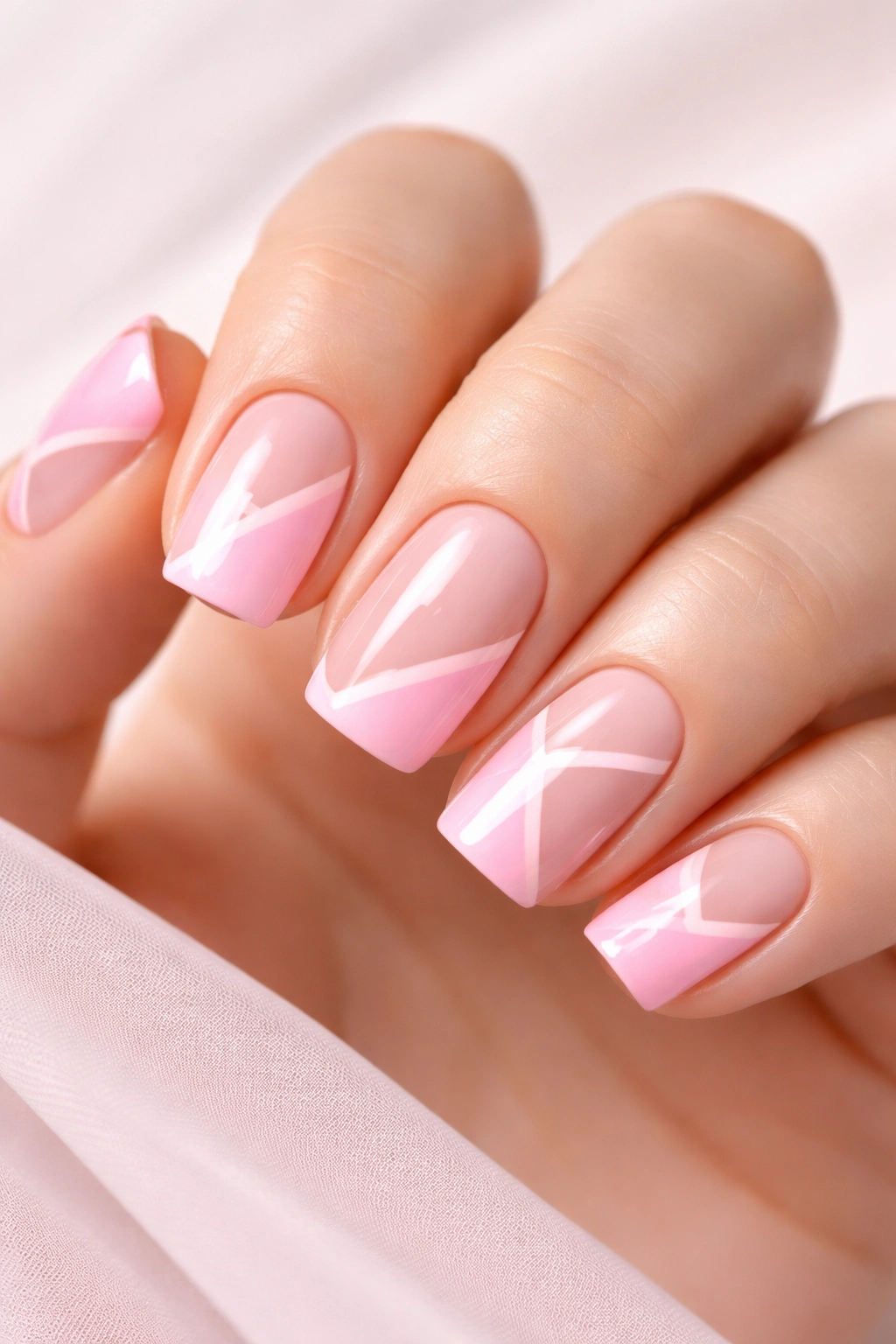 Close-up of pink nails with negative space geometric shapes and visible bare nail areas.