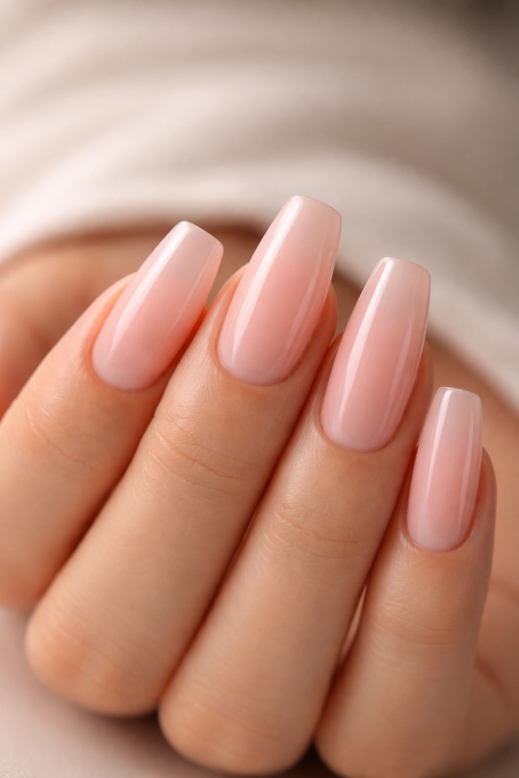 Barely-there pink-nude gradient on coffin nails.
