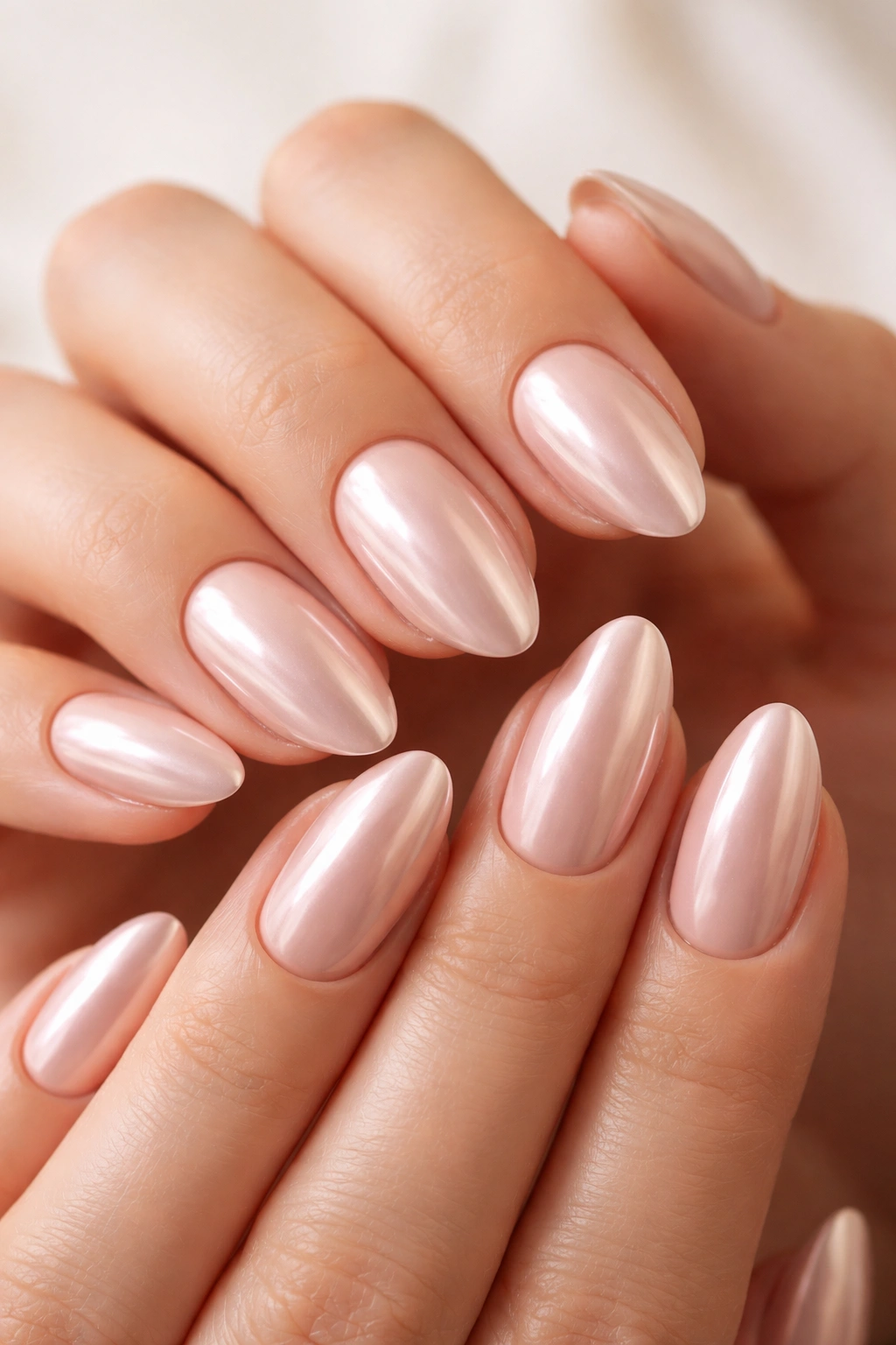 Close-up of nude pink chrome on almond nails