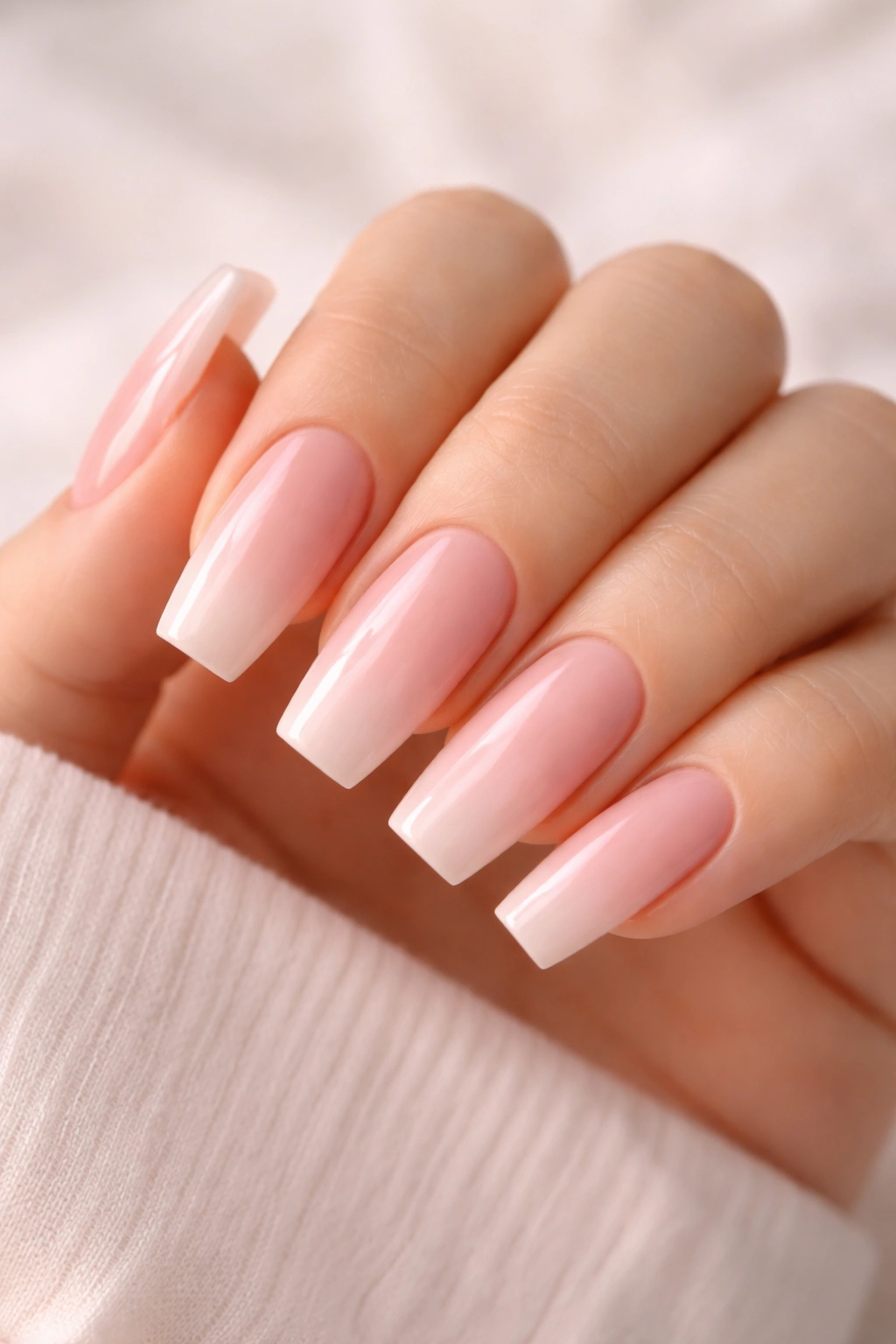 Close-up of pink-to-nude gradient on medium coffin nails.