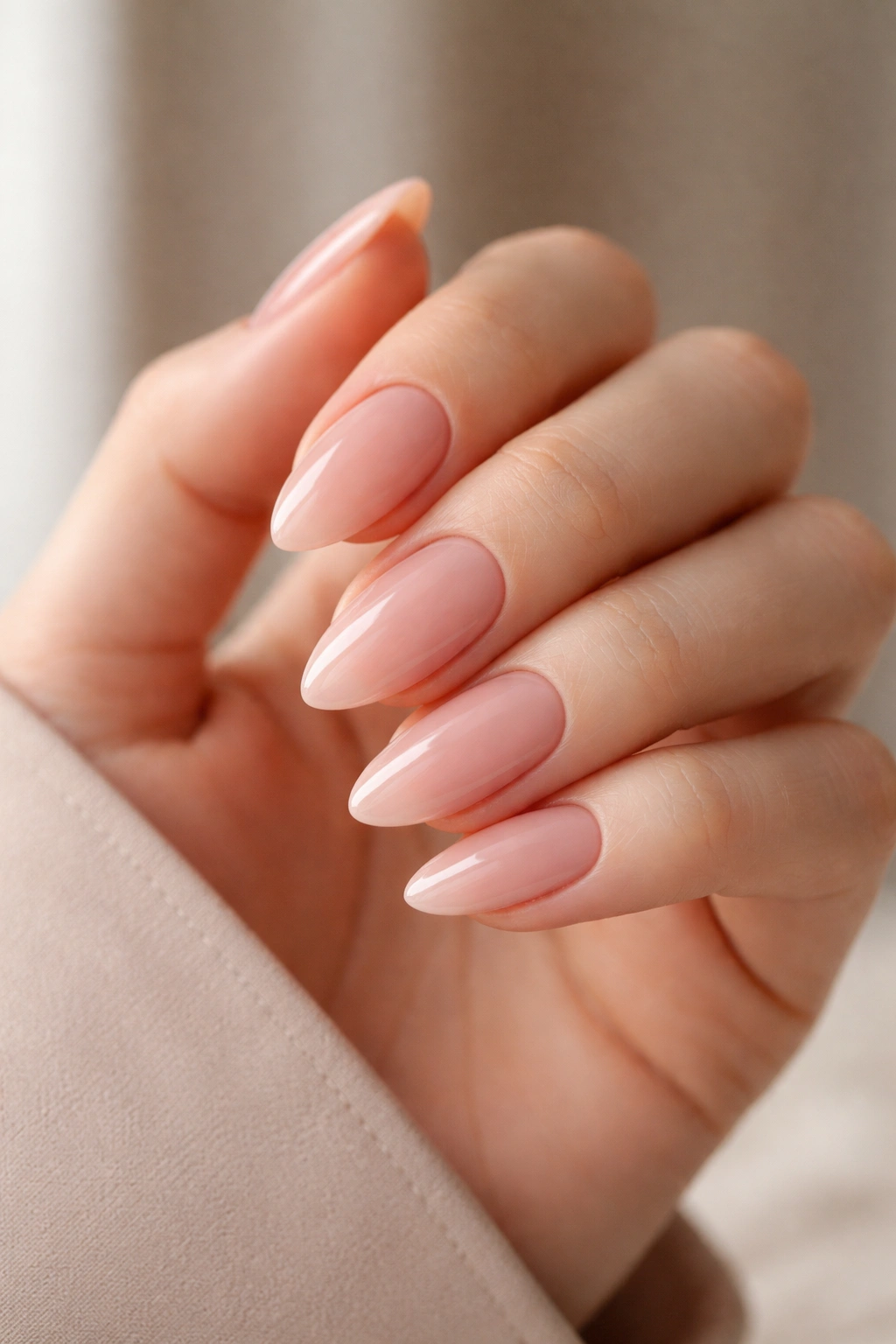 Close-up of pink nude almond nails with glossy finish