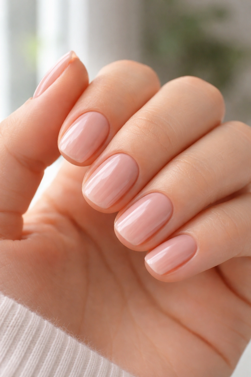 Close-up of nails with soft pink nude base and clear topcoat on short nails