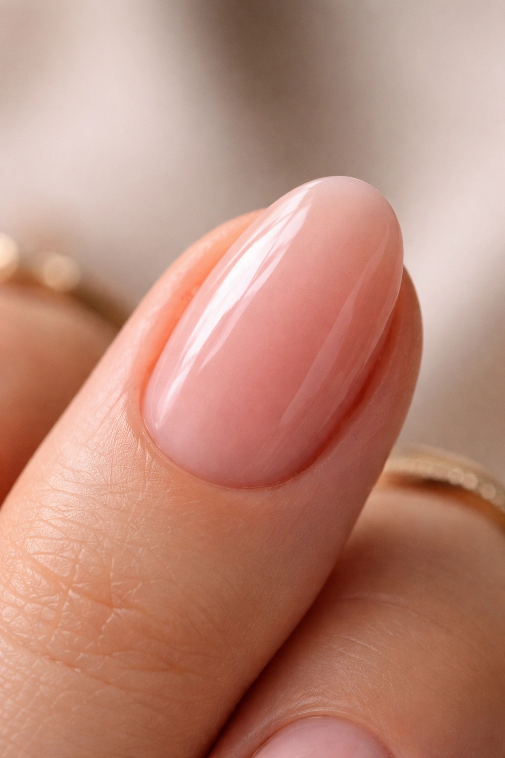 Close-up of pink nude short oval nail with micro gloss finish