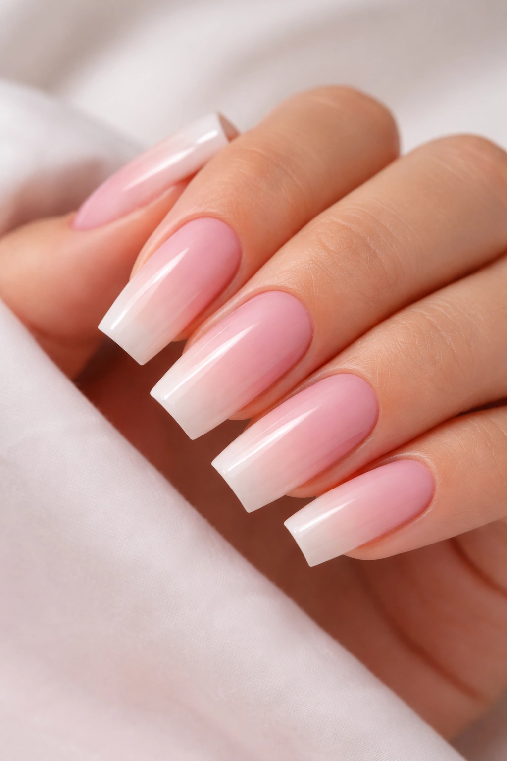 Close-up of square nails with pink-to-nude ombre gradient
