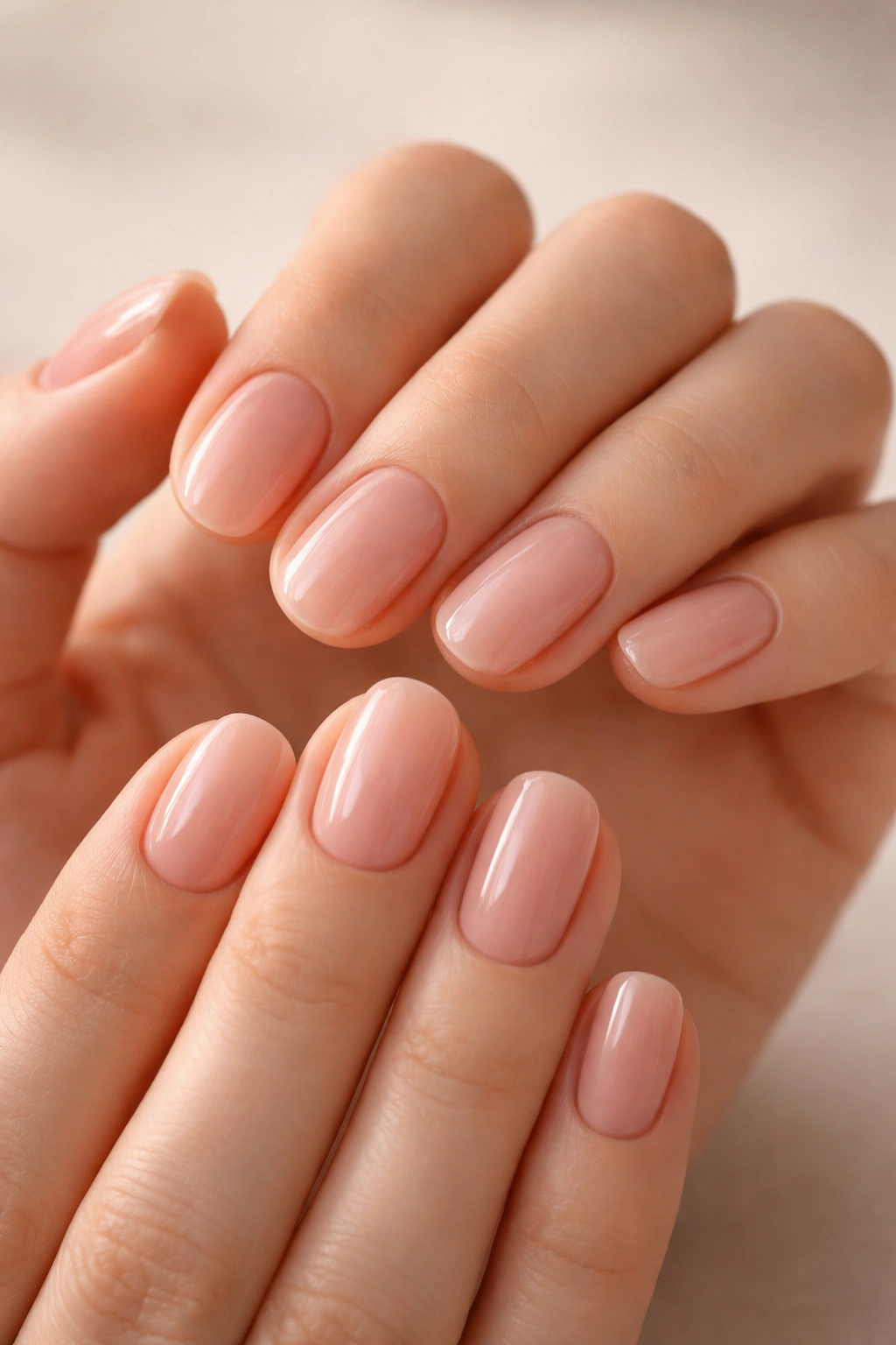 Close-up of pink nude nails with rounded corners