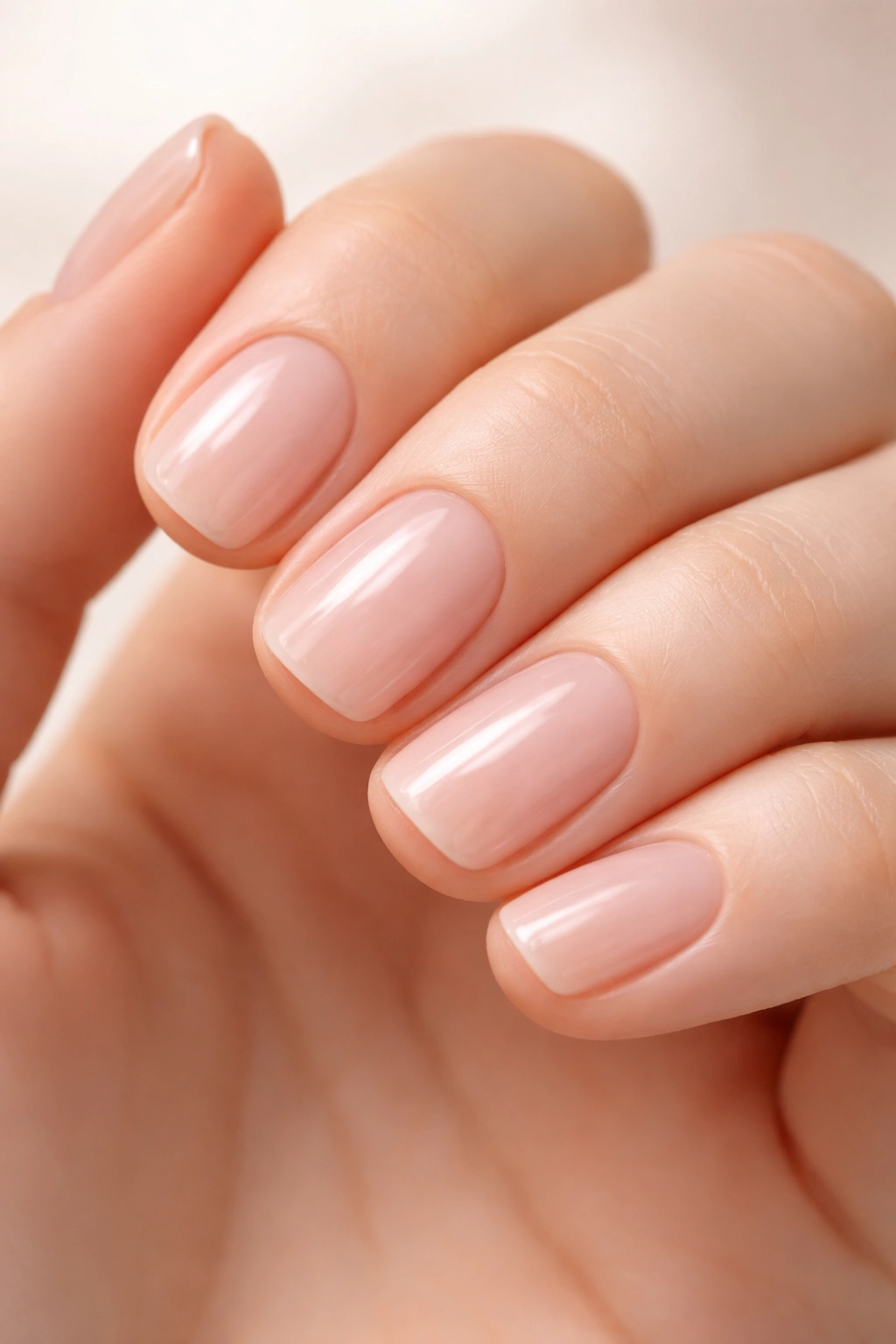 Extreme close-up of translucent pink-nude nails with barely-there polish on short squoval nails