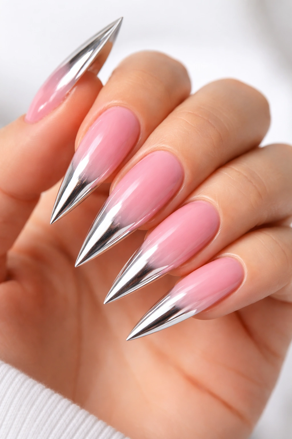 Pink ombré stiletto nails with chrome finish tips