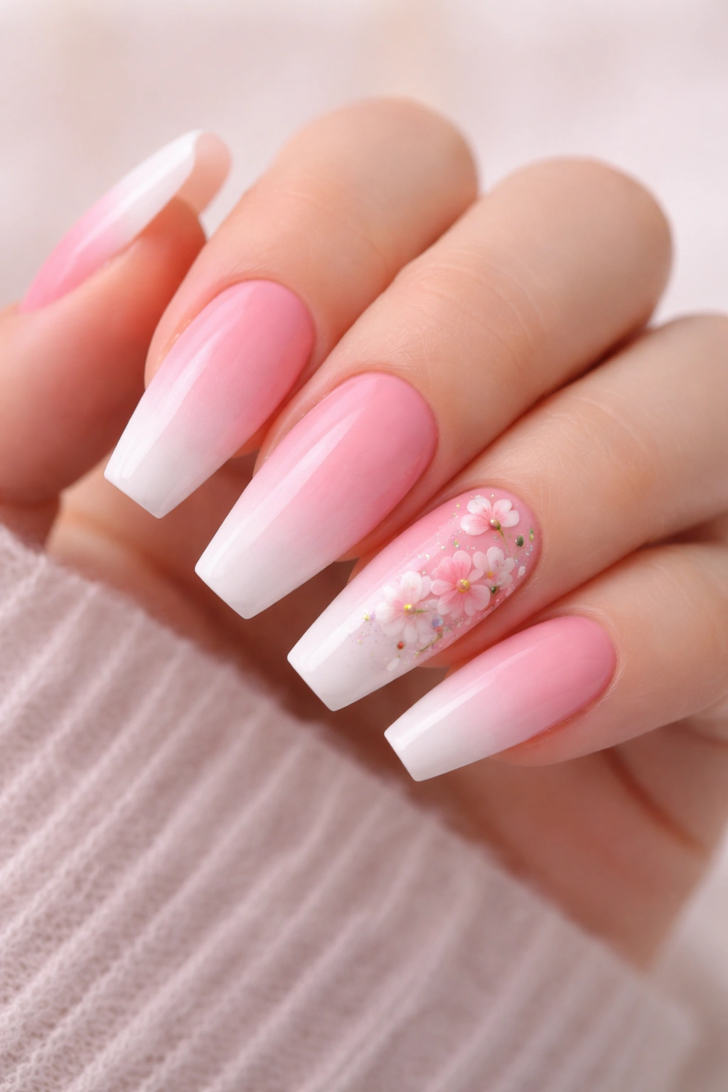 Close-up of pink ombre nails with delicate floral art on coffin nails