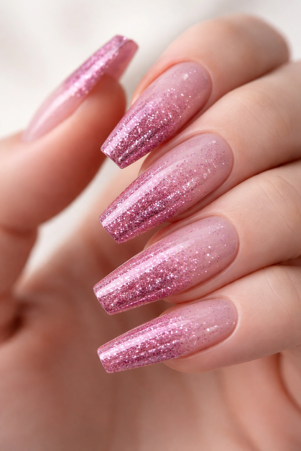 Close-up of pink ombre glitter coffin nail fading to clear.