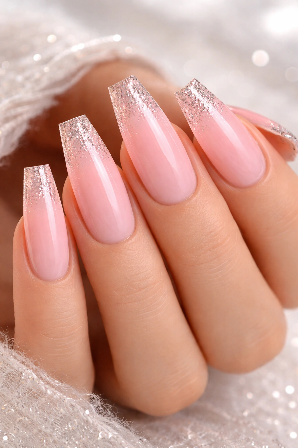 Close-up of pink ombre coffin nails with glitter tips