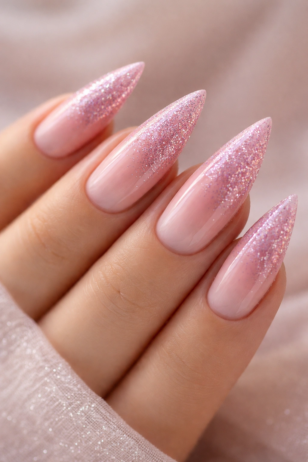 Close-up of medium-length nails with soft pink ombre and glitter gradient