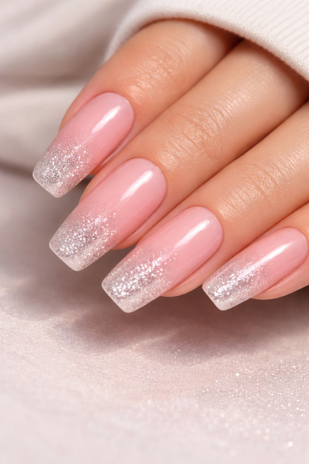 Close-up of long squoval nails with pink to glitter ombre