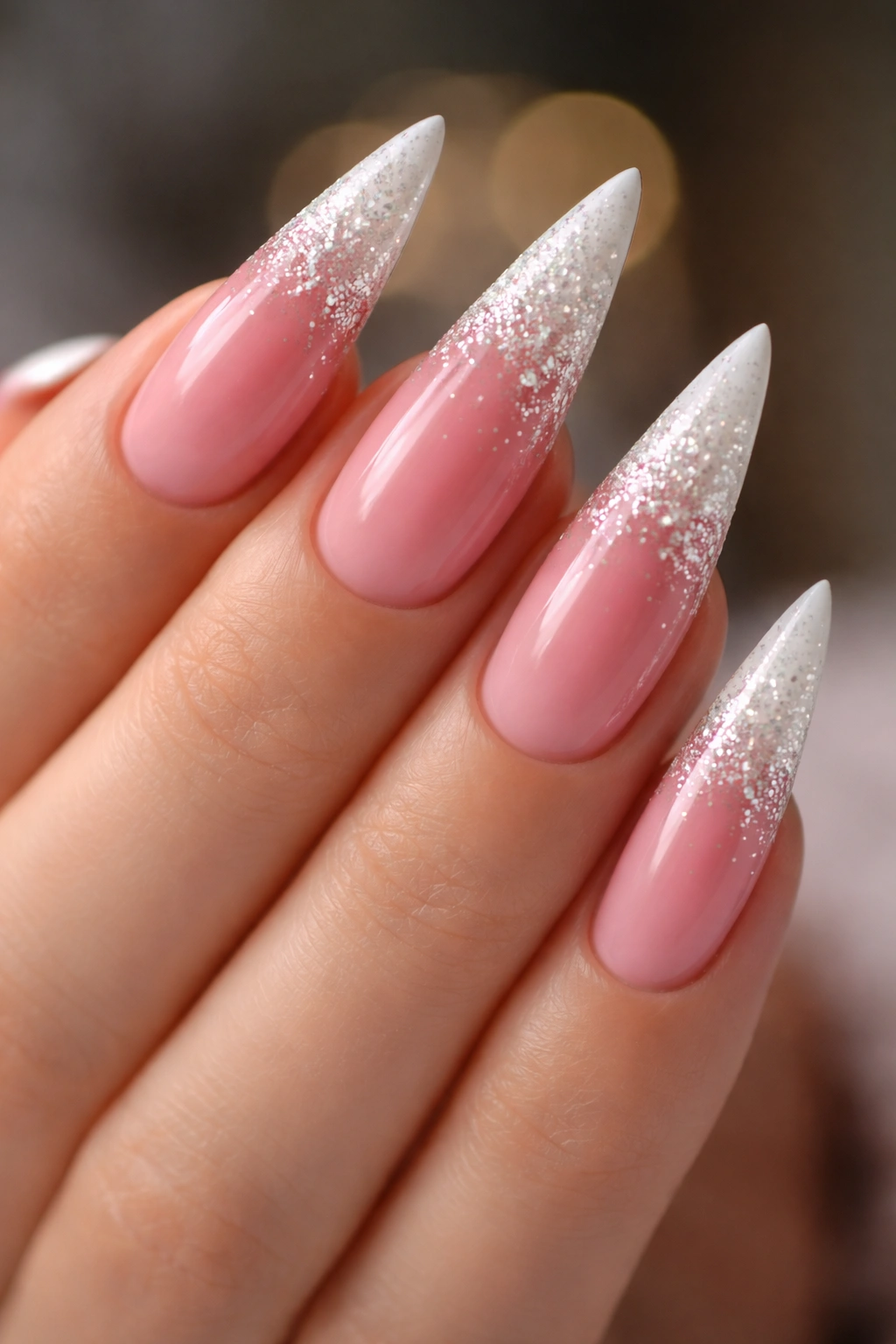 Pink to white glitter ombre stiletto nails