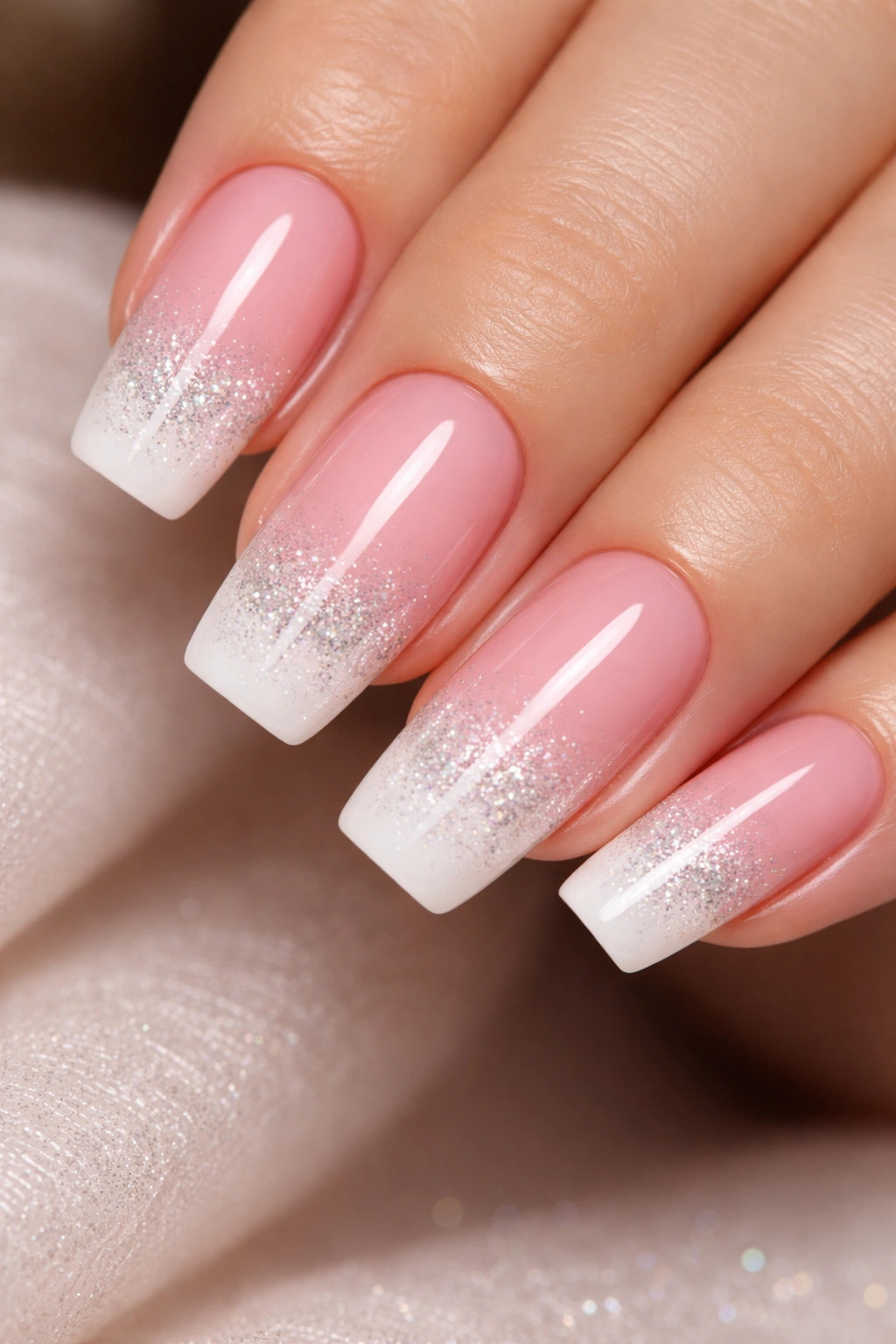 Pink ombre nails with glitter fading to white on squoval shape.