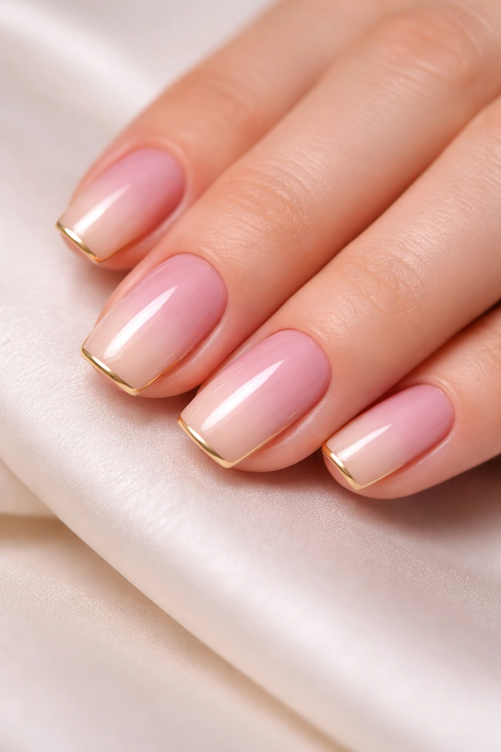 Nails with pink-to-nude ombre and a thin gold edge, close-up.