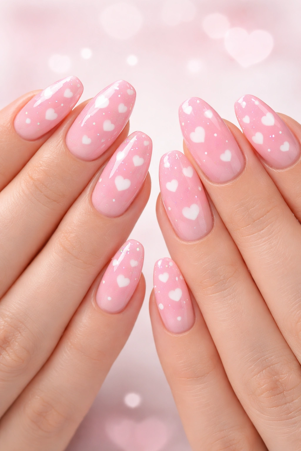 Nails showing pink ombre gradient with floating white hearts across nails
