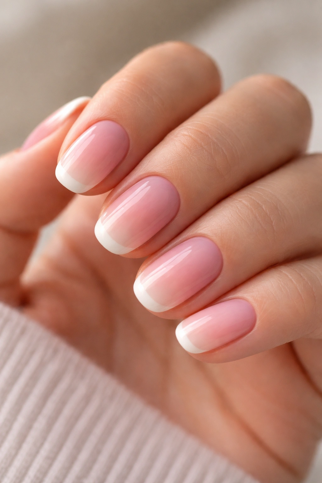 Close-up of short oval nails with pink ombre and micro French white tips