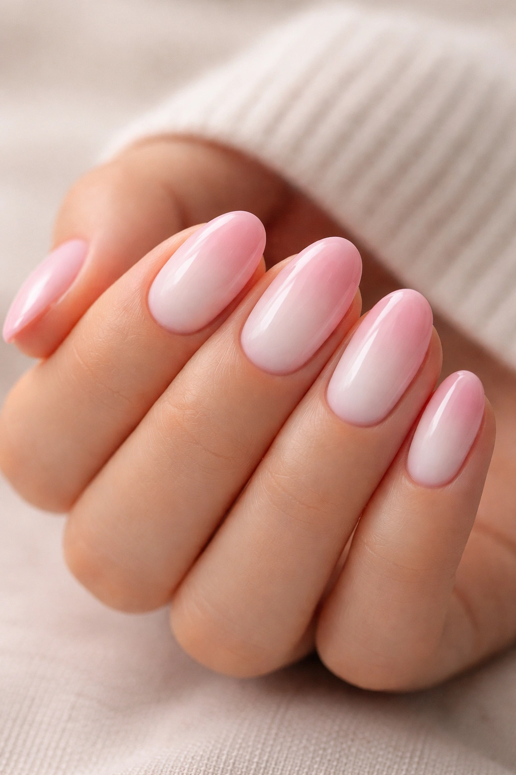 Close-up of short oval nails with pink ombre and milky white center