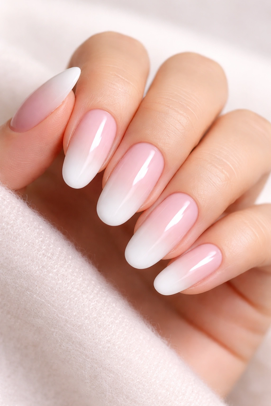 Close-up of soft pink nails with white ombre tips on round nails