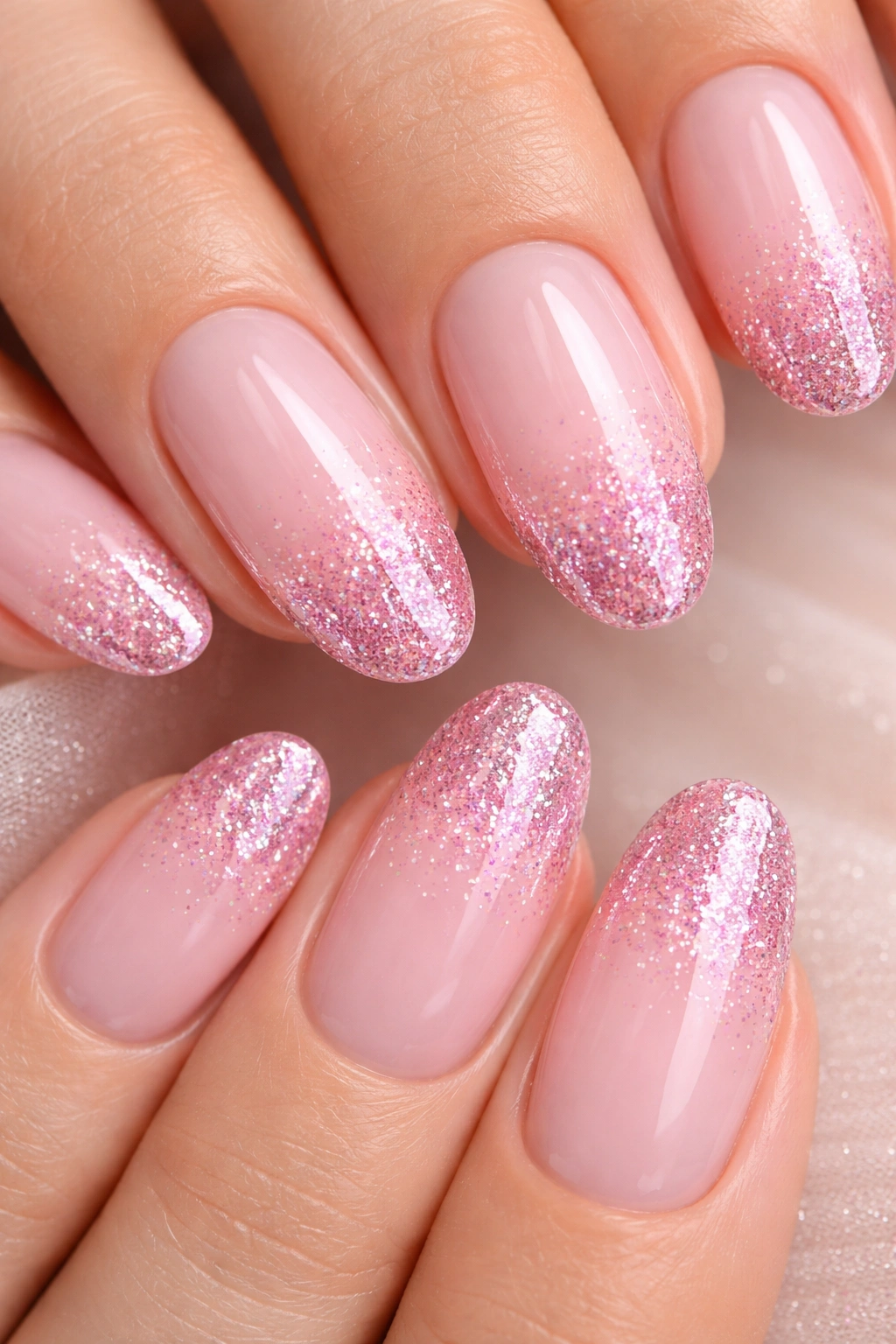 Nails with pale pink base and pink glitter tips in an ombre gradient
