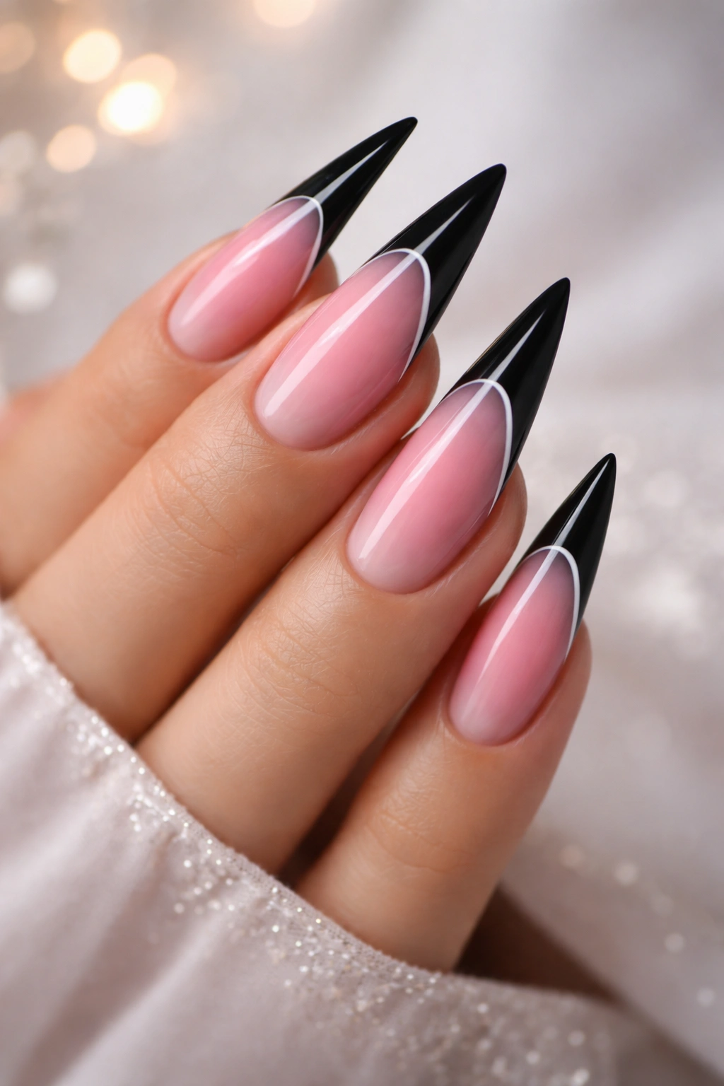 Close-up of pink ombre to black tip stiletto nails with a minimalist white line accent