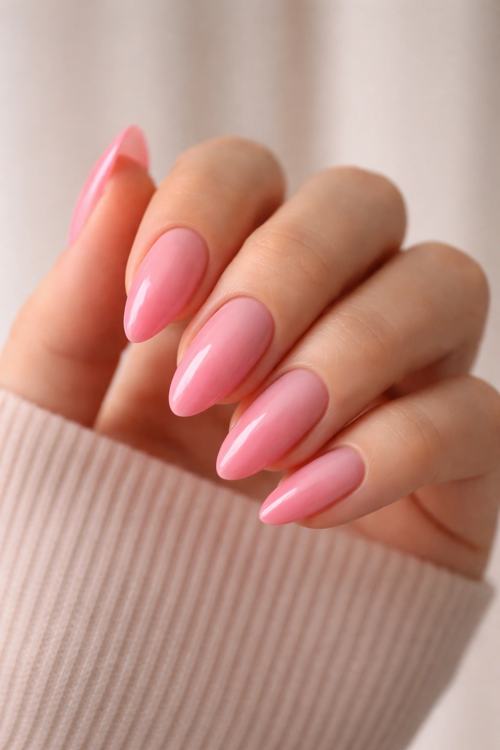 Close-up of pink ombré almond nails with a seamless gradient and glossy finish