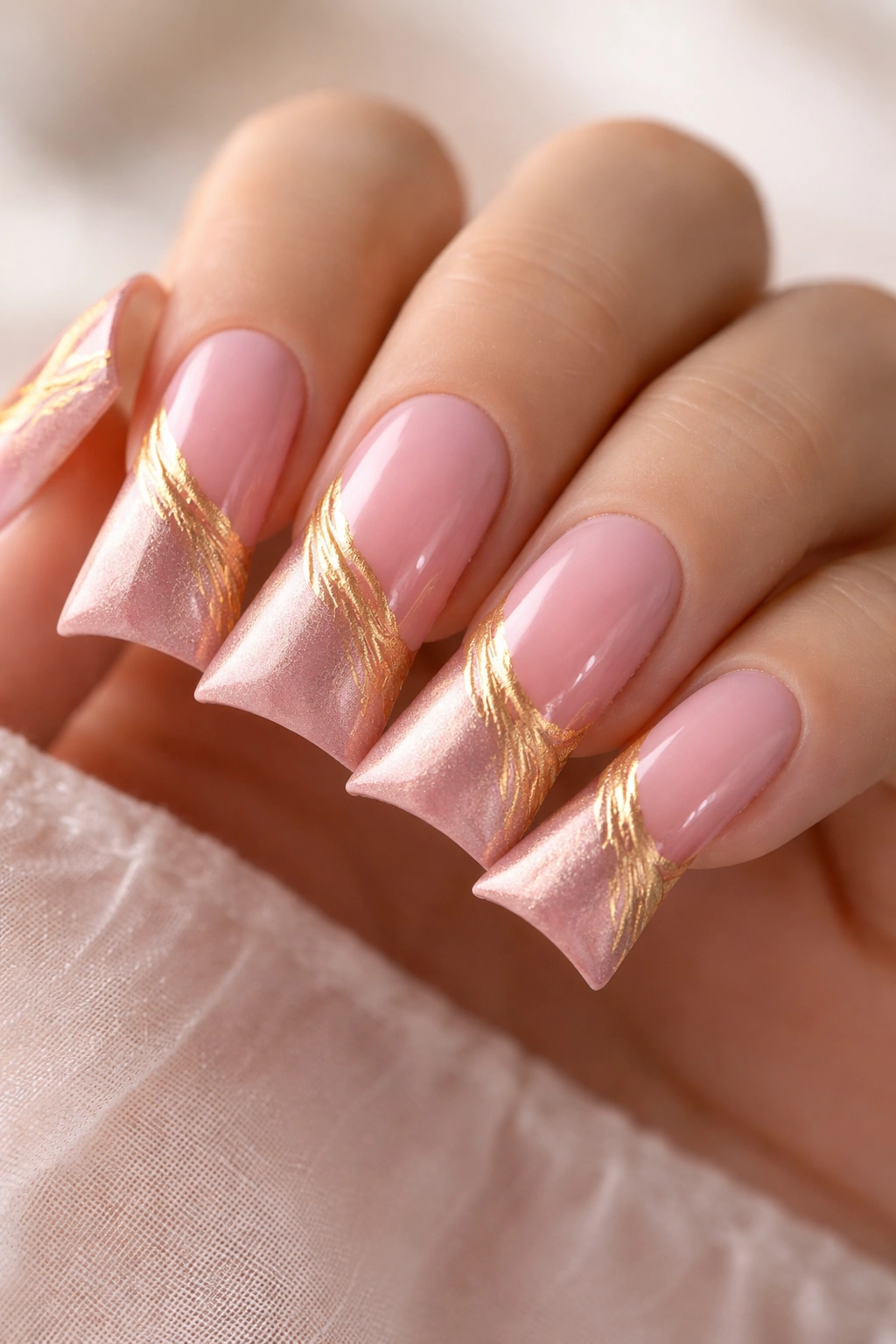 Close-up of pink ombre duck nails with brushed gold accents