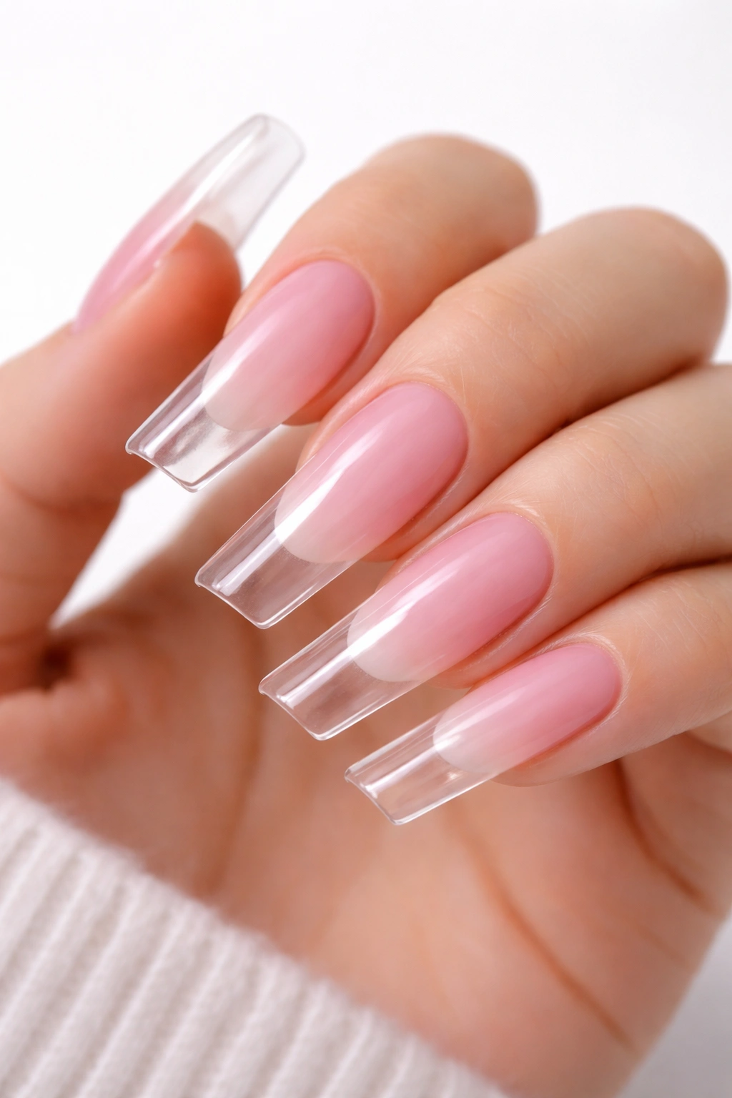 Close-up of soft pink to clear duck nails on a hand with a translucent tip