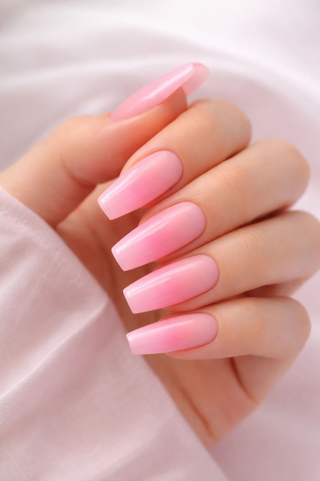 Close-up of pink ombre nails with gradient from light to dark