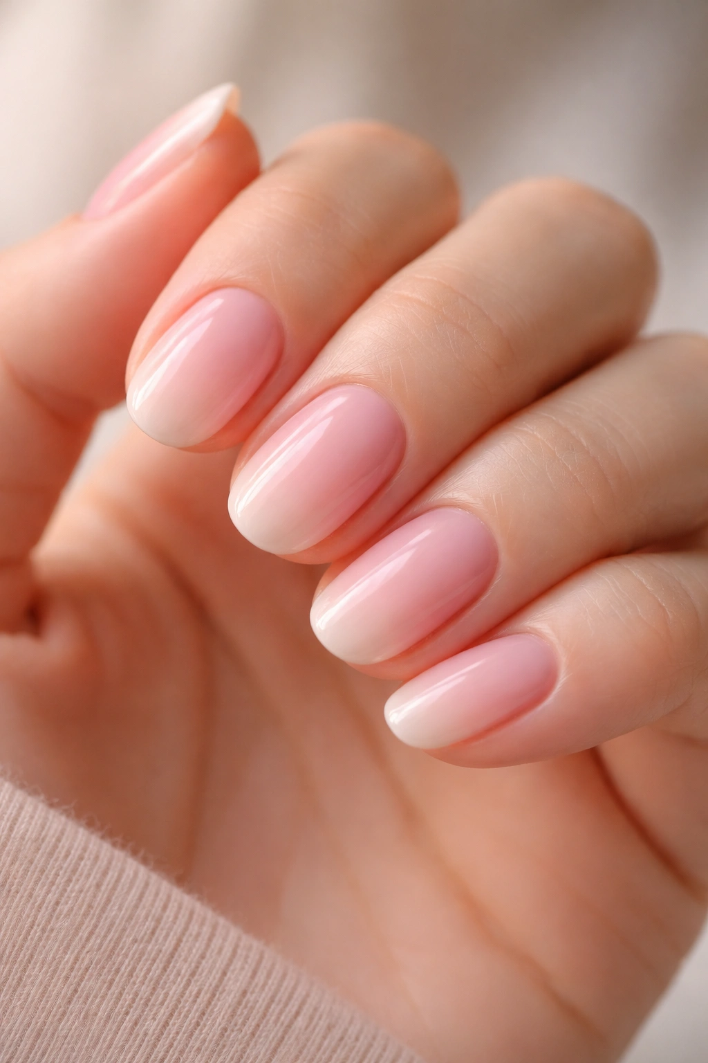 Soft pink ombre on short oval nails fading from light at the cuticle to deeper at the tip