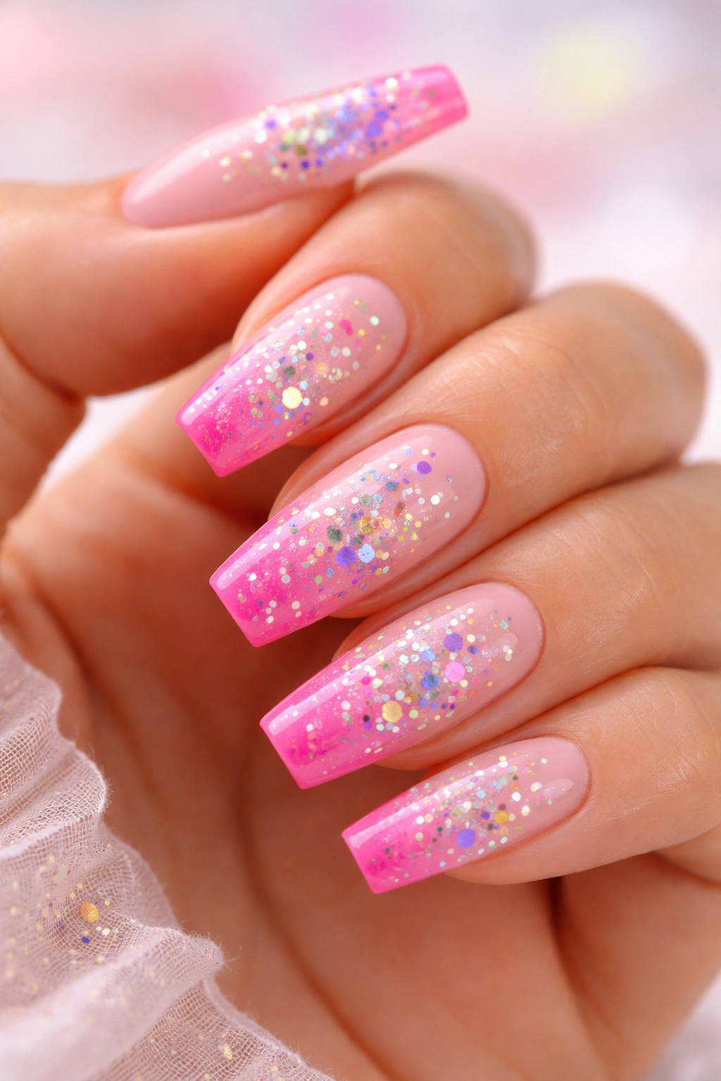 Close-up of pink ombre coffin nails with rainbow confetti accents