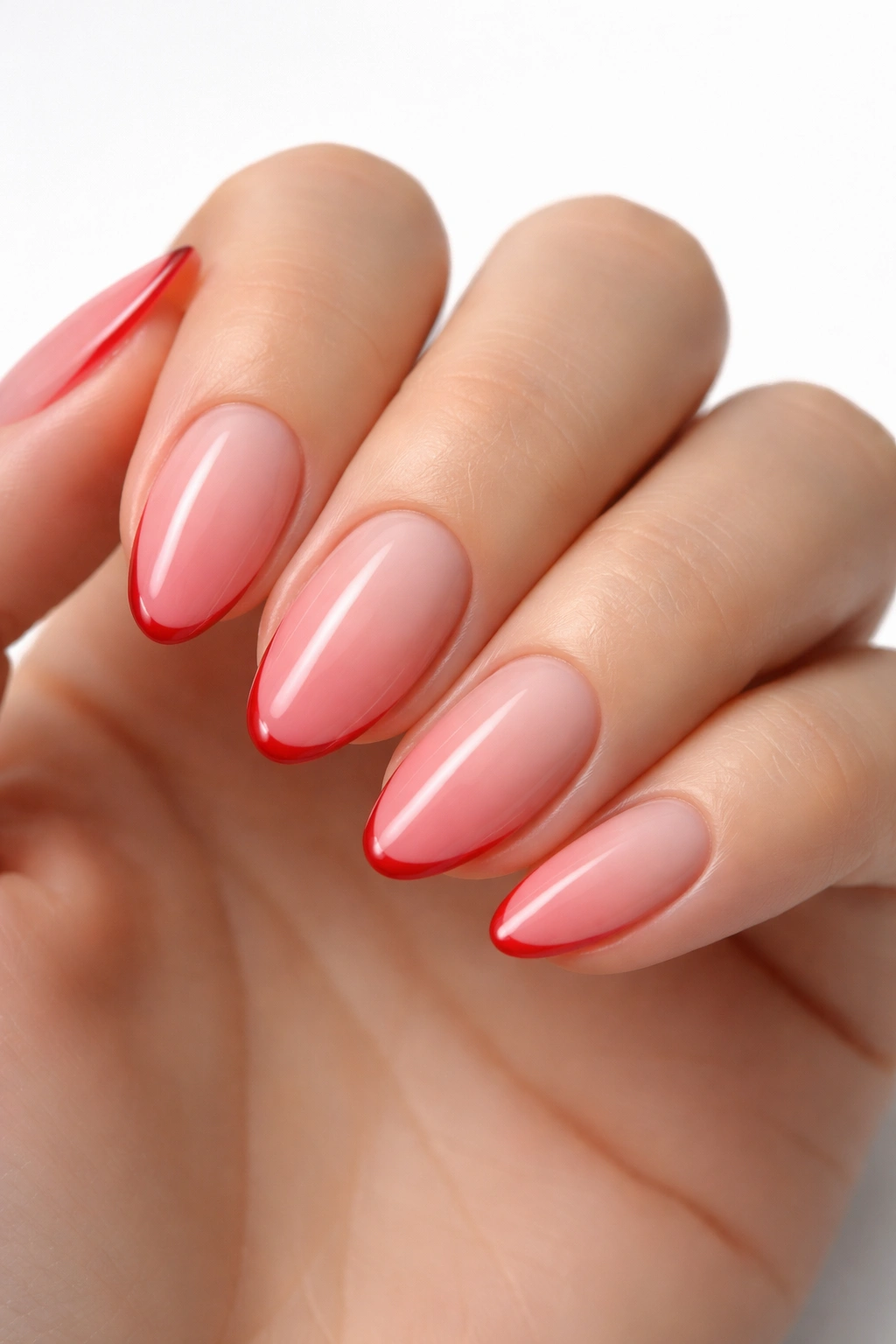 Close-up of pink ombre nails with red edge accents on short almond nails.