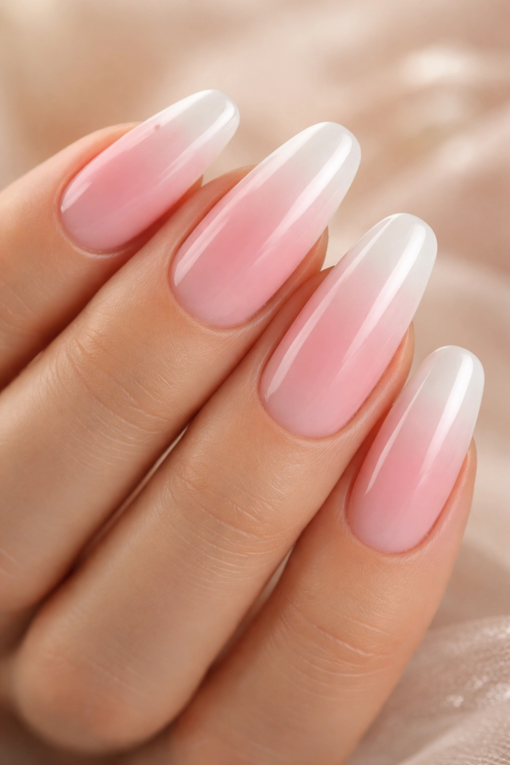 Nails with pink ombre fading to white tip