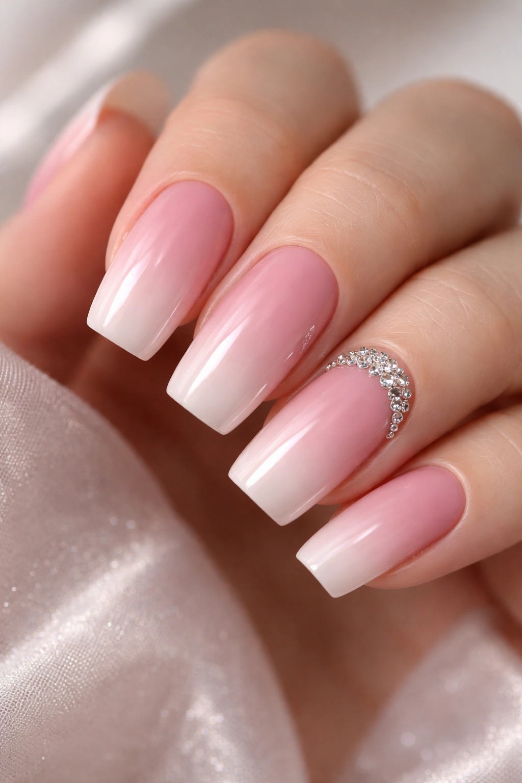 Long squoval nails with pink to rose ombre and rhinestone half-moon on the center accent nail