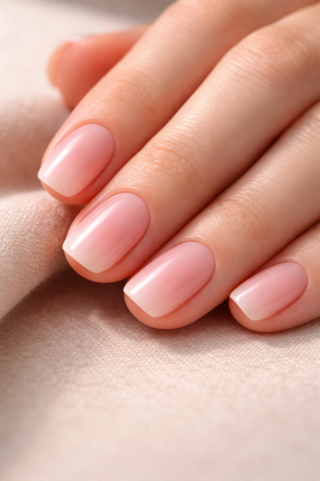 Close-up of short squoval nails with a soft pink ombre gradient under natural light