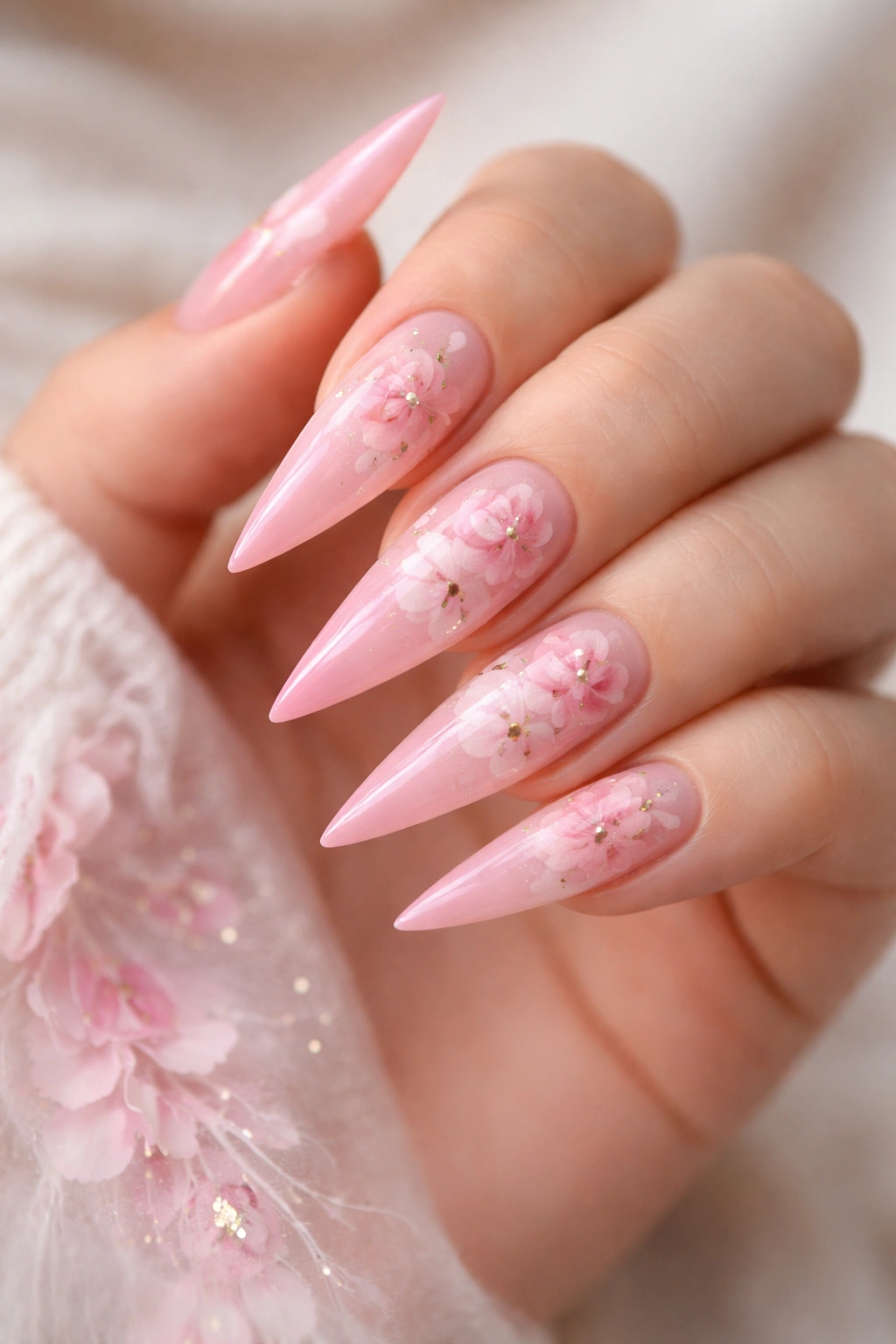 Ombré pink stiletto nails with hand-painted watercolor details