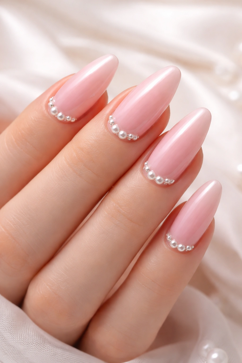 Close-up of pink nails with pearl accents near the cuticle