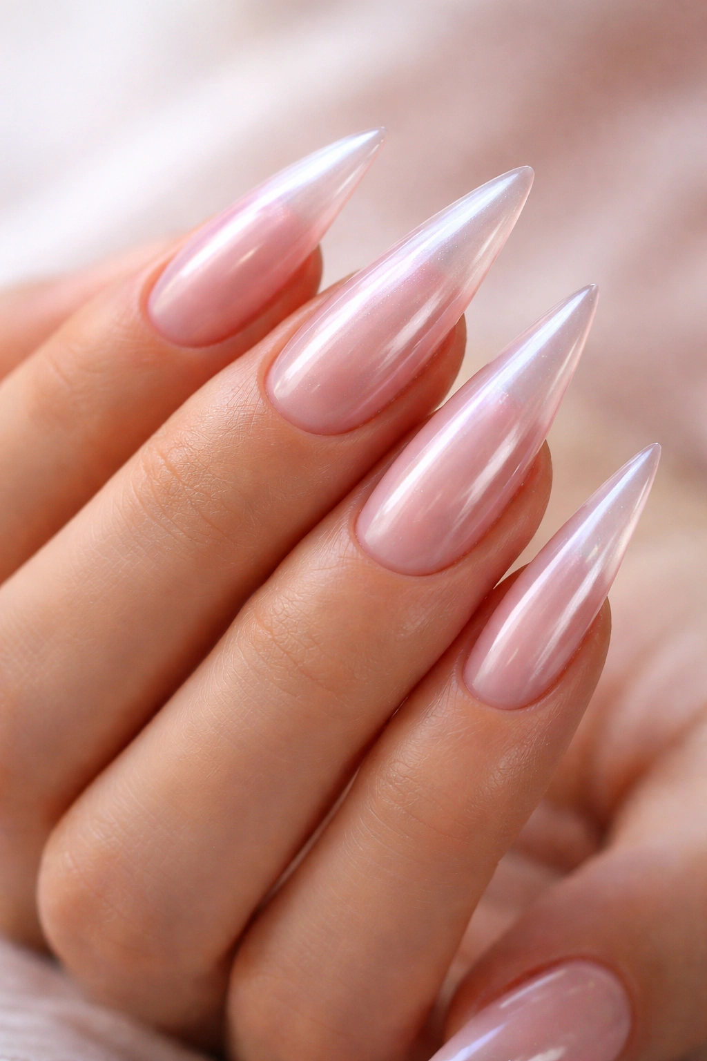 Stiletto nails with pearlescent pink finish