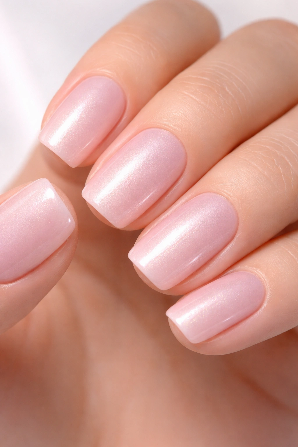 Close-up of soft pink squoval nails with pearl shimmer