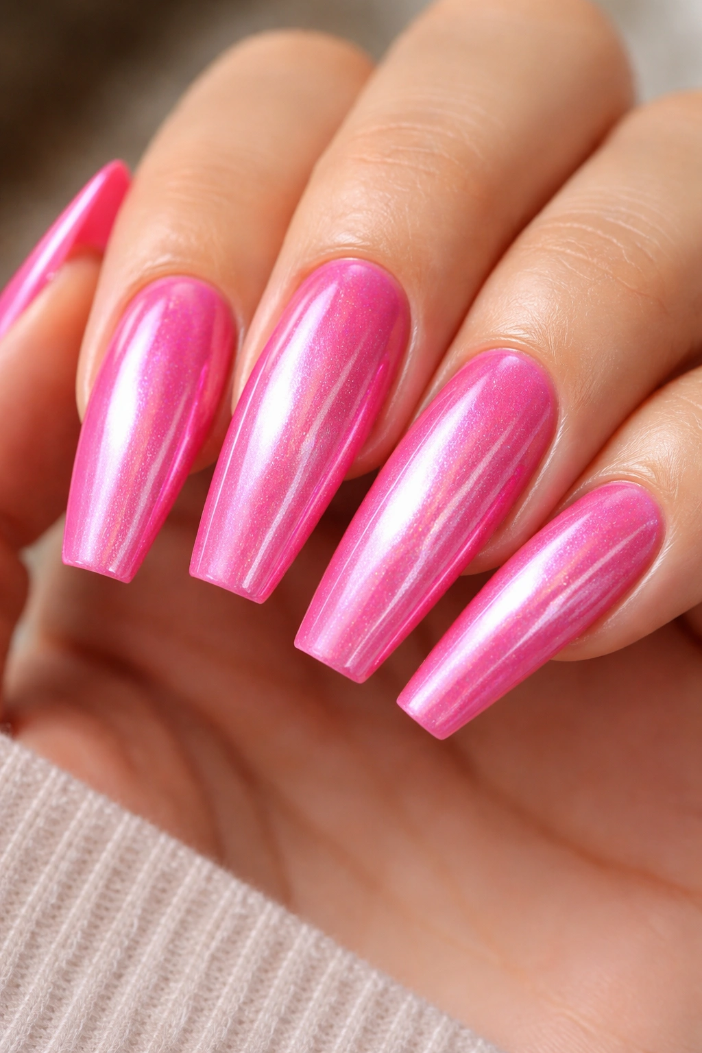Hot pink nails with pearlescent pearl finish