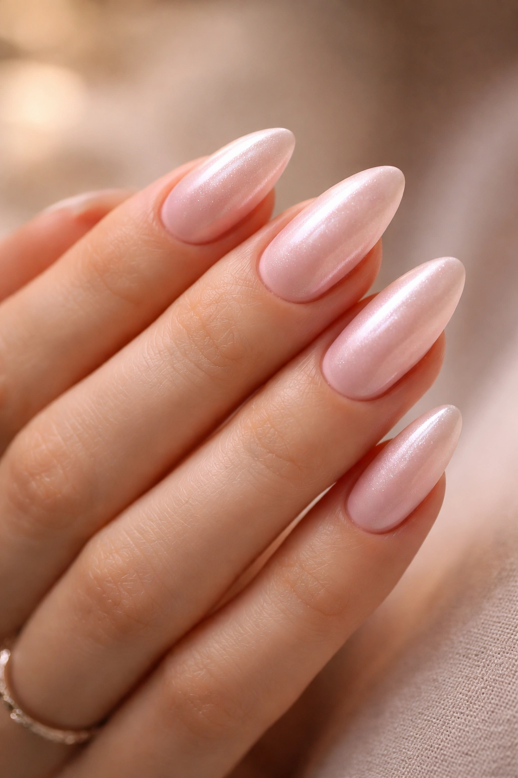 Close-up of pink pearl almond nails with iridescent shimmer