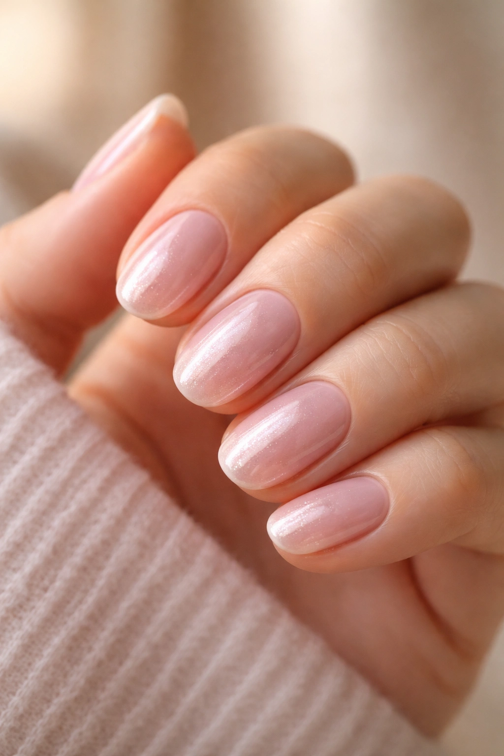 Close-up of short oval nails with sheer pink pearl glow on hand