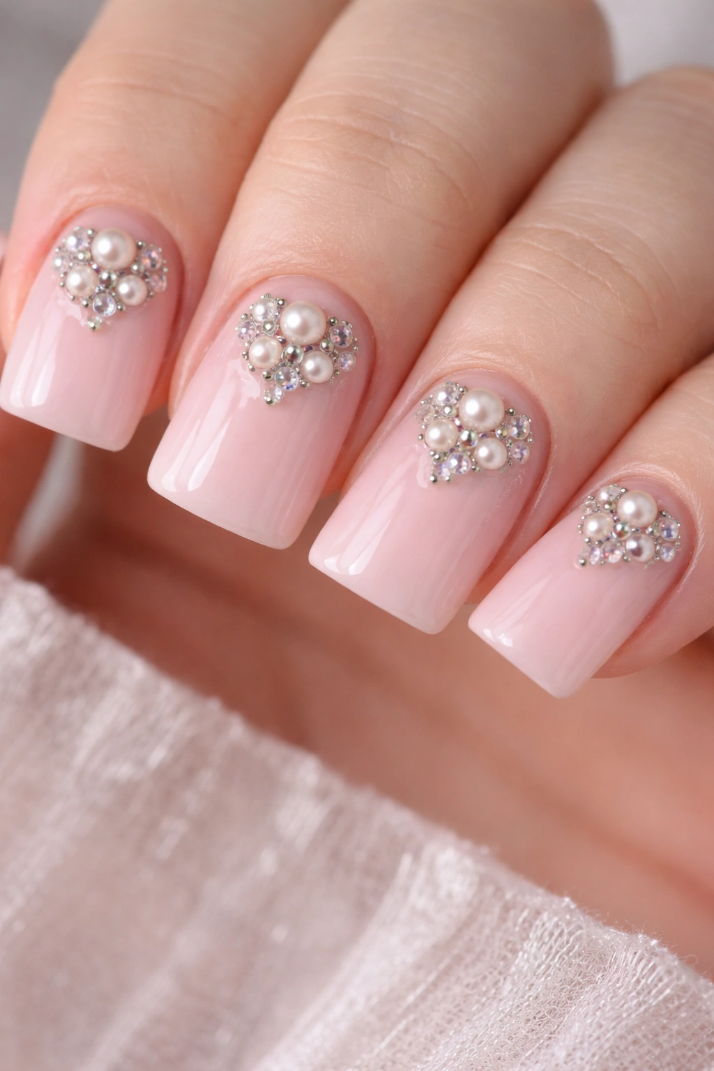 Duck nails with soft pink base and pearl rhinestone cluster.